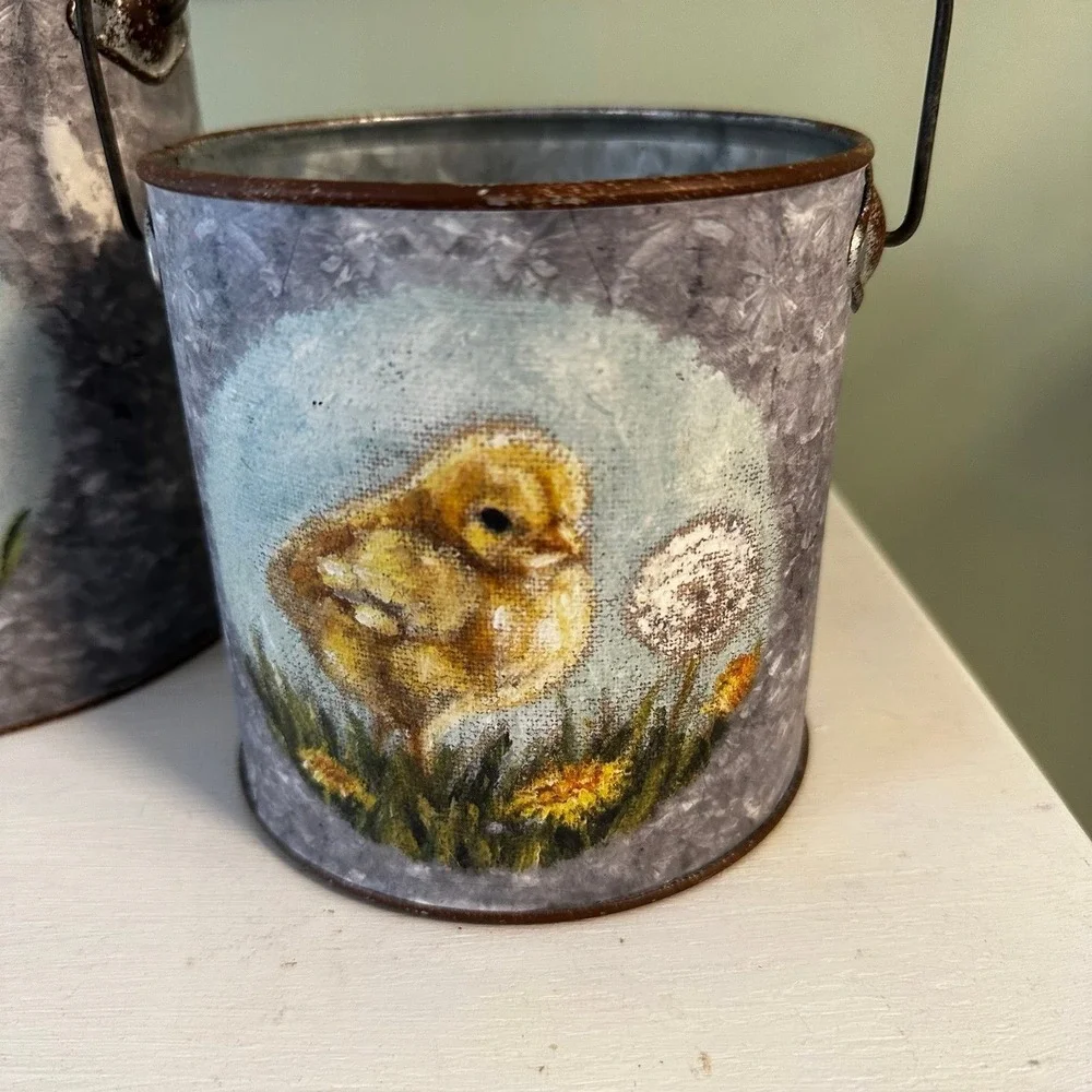 Set of two tin Easter spring decor Primitives by Kathy buckets